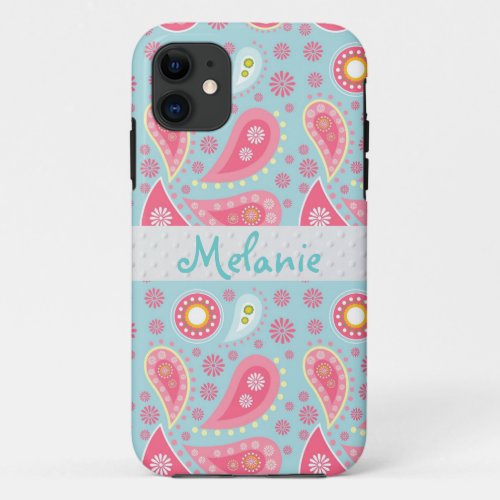 Pink  and Blue Paisley iPhone Monogram Custom iPhone 11 Case