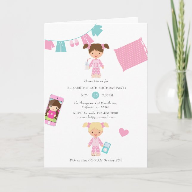 Pink and Blue Pajama Pancake Girl Birthday Party Invitation (Front)