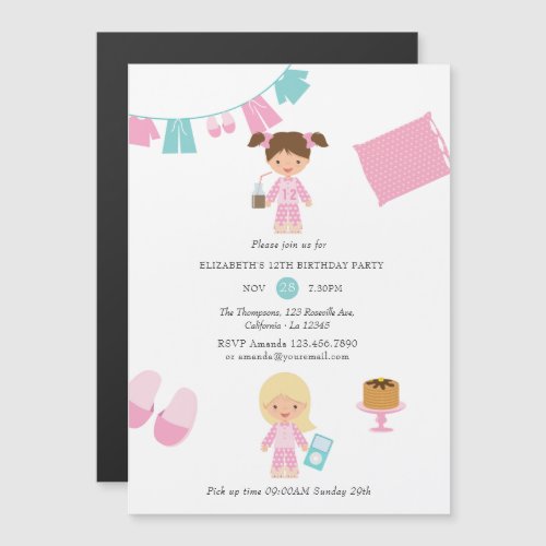 Pink and Blue Pajama Pancake Girl Birthday Party Magnetic Invitation