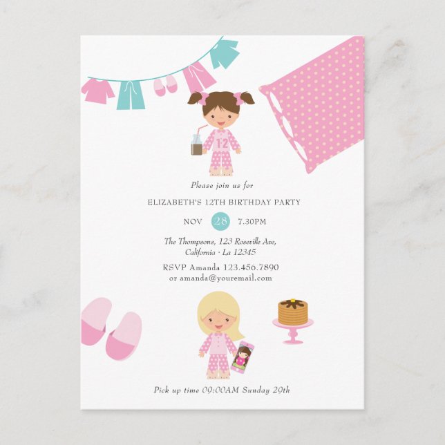 Pink and Blue Pajama Pancake Girl Birthday Party Postcard (Front)