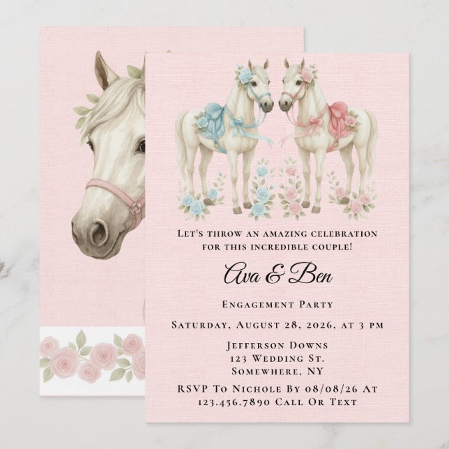 Pink and Blue Pastel Flower Horse Engagement Party Invitation (Front/Back)