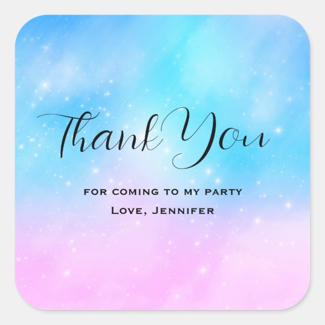 Pink and Blue Pastel Gradient Sky Party Thank You Square Sticker (Front)