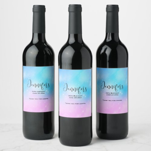 Pink and Blue Pastel Gradient Sky  Party Thank You Wine Label