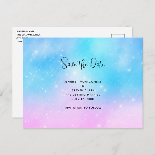Pink and Blue Pastel Gradient Sky Save the Date Invitation Postcard (Front/Back)
