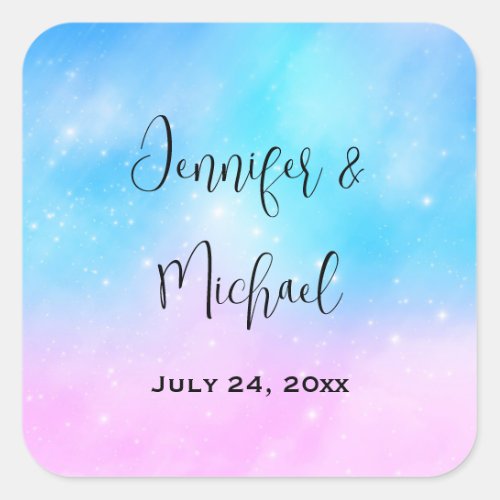 Pink and Blue Pastel Gradient Sky Wedding Date Square Sticker