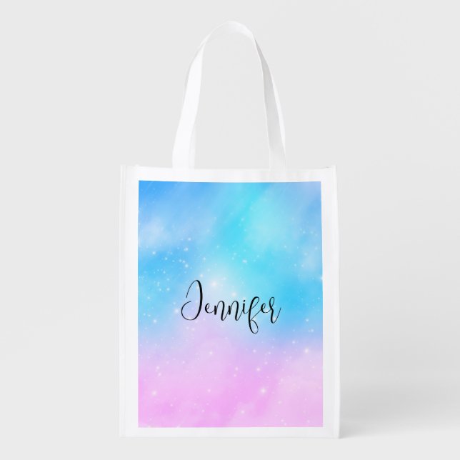 Pink and Blue Pastel Gradient Sky with Stars Grocery Bag (Front)