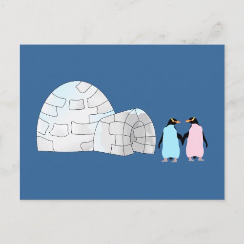 Pink and Blue penguins at igloo Postcard