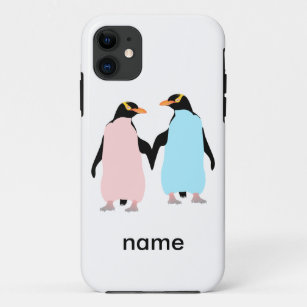Pink and blue Penguins holding hands. iPhone 11 Case