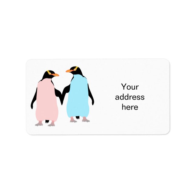 Pink and blue Penguins holding hands. Label (Front)