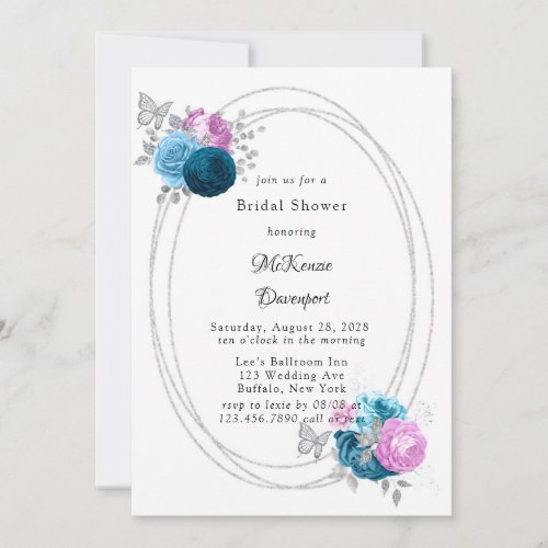 Pink and Blue Peony Butterfly Bridal Shower Invitation