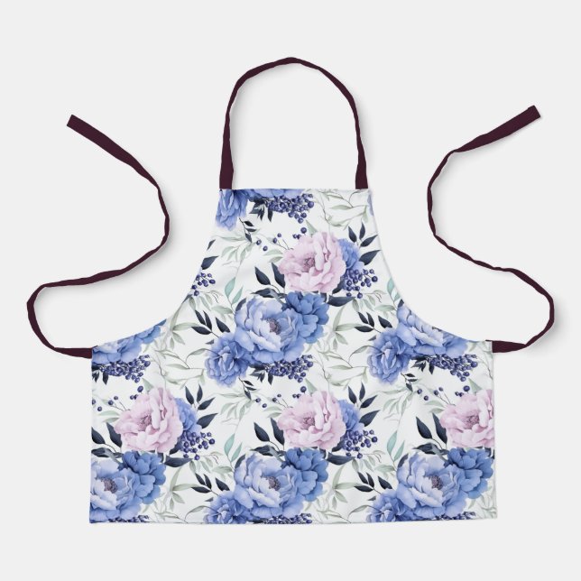 Pink and Blue Peony Floral All-Over Print Apron (Front)