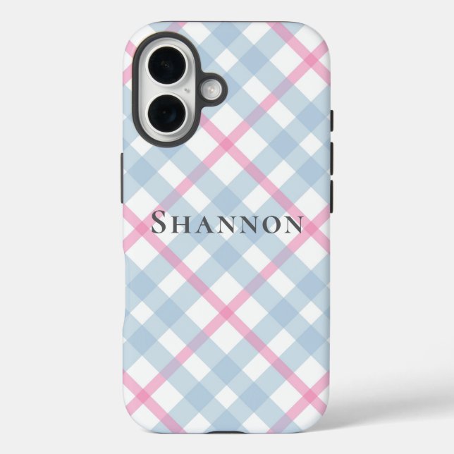 Pink and Blue Plaid Personalized Name Case-Mate iPhone Case (Back)