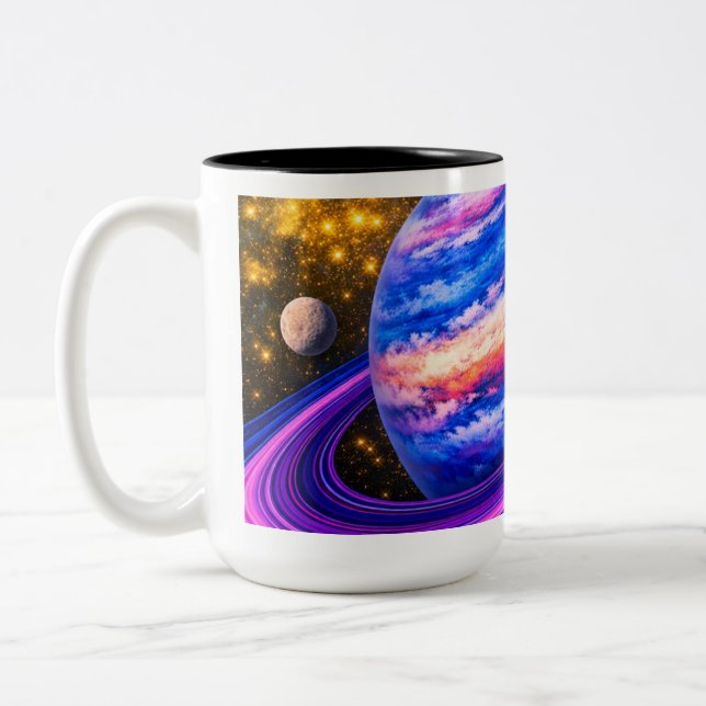 Pink and Blue Planet with Rings Two-Tone Coffee Mug (Left)