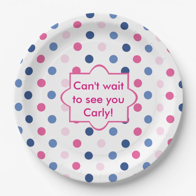 Pink and Blue Polka Dots Baby Shower Paper Plates (Front)