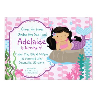 Pink and Blue Polka Dots Brunette Mermaid Birthday Card