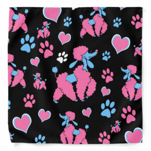 Pink and Blue Poodle Pattern on Black Background Bandana