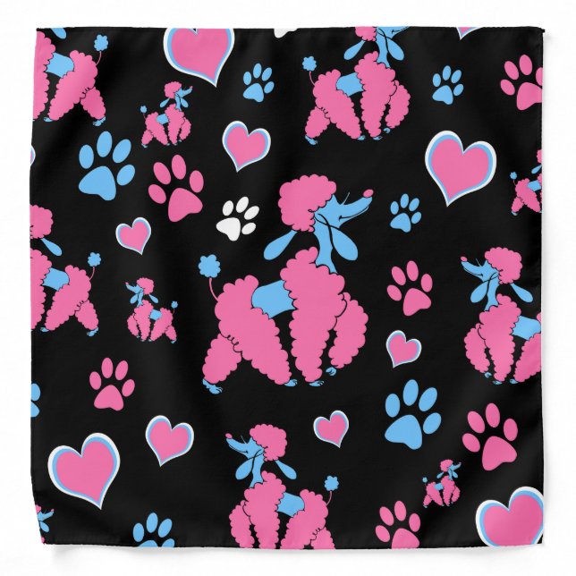 Pink and Blue Poodle Pattern on Black Background Bandana (Front)