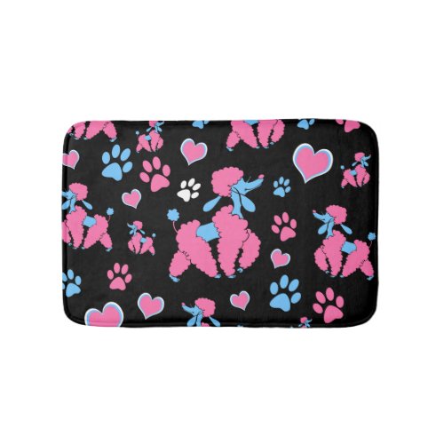 Pink and Blue Poodle Pattern on Black Background Bath Mat