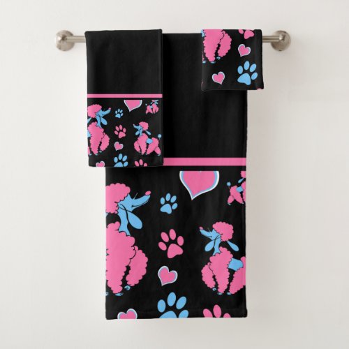 Pink and Blue Poodle Pattern on Black Background Bath Towel Set