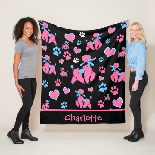 Pink and Blue Poodle Pattern on Black Background Fleece Blanket