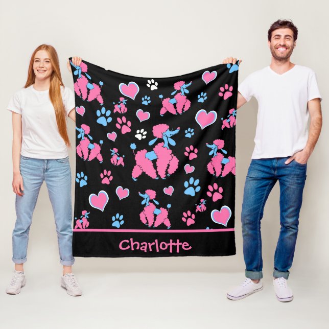 Pink and Blue Poodle Pattern on Black Background Fleece Blanket (In Situ)