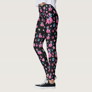 Pink and Blue Poodle Pattern on Black Background Leggings