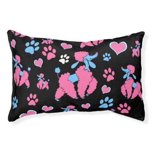 Pink and Blue Poodle Pattern on Black Background Pet Bed