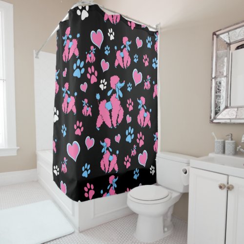 Pink and Blue Poodle Pattern on Black Background Shower Curtain