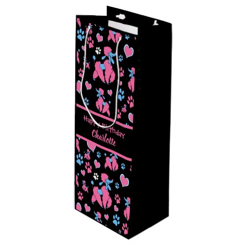Pink and Blue Poodle Pattern on Black Background Wine Gift Bag