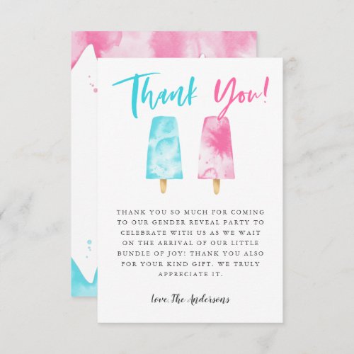 Pink and Blue Popsicle Gender Reveal Party Thank You Card
