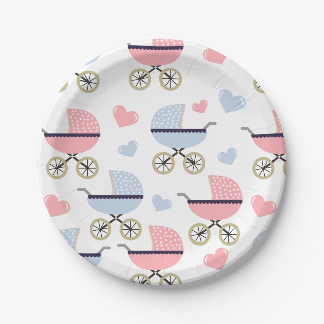 Pink and Blue Pram Pattern Baby Shower Paper Plates (Front)