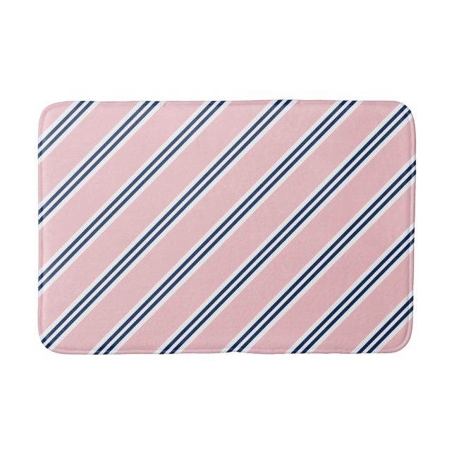 Pink and Blue Preppy Stripes Pattern Bathroom Mat (Front)