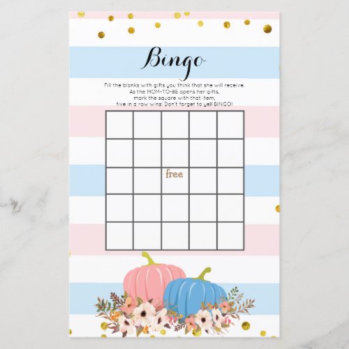 Pink and Blue Pumpkin Baby Shower Bingo Game