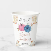 Pink and Blue Pumpkin Floral Gender Reveal White Paper Cups