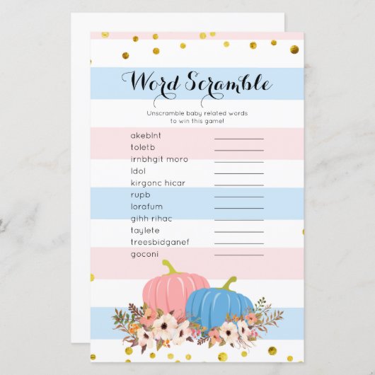 Pink and Blue Pumpkin Word Scramble Game (Front/Back)