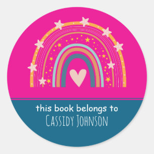 Pink and blue rainbow kids name  classic round sticker