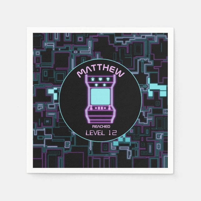 Pink and Blue Retro Arcade Video Game Napkins (Front)