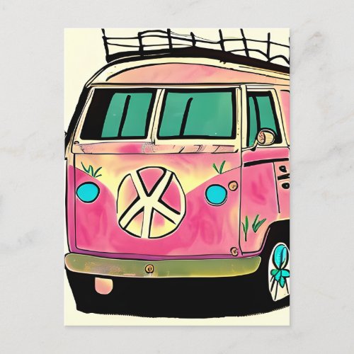 Pink and Blue Retro Hippie Van Vintage Art Postcard