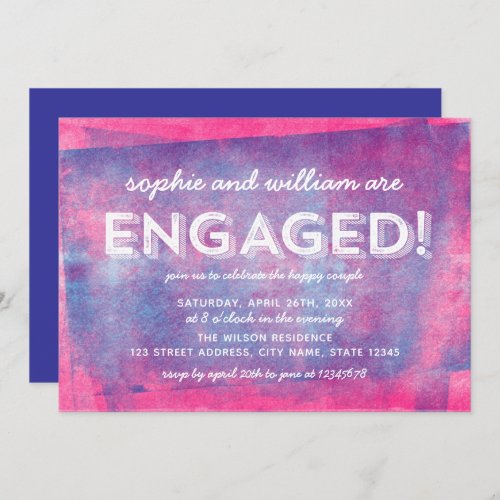 Pink and Blue Rolled Ink Engaged Engagement Party Invitation