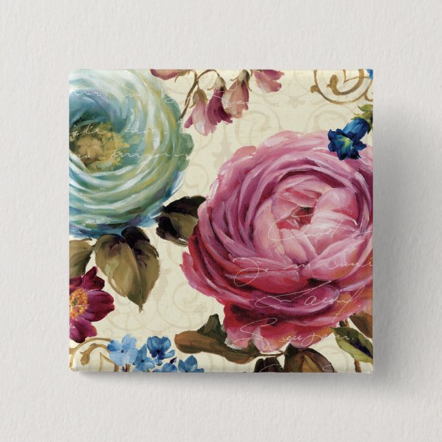 Pink and Blue Rose Pinback Button (Front)