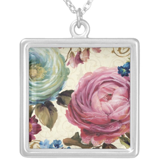 Pink and Blue Rose Silver Plated Necklace (Front)