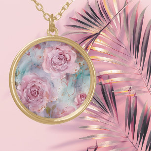 Pink and Blue Rose With Gold Veining Plated Necklace
