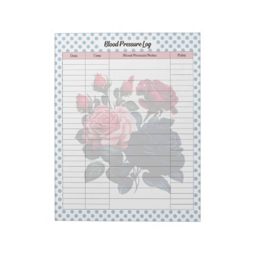 Pink and Blue Roses Blood Pressure Log Notepad
