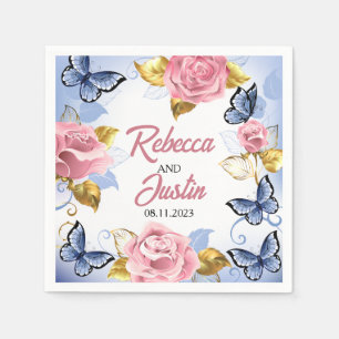 Pink and Blue Roses Floral Modern Boho Napkins