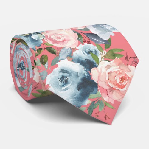 Pink and Blue Roses Flowers Floral Neck Tie