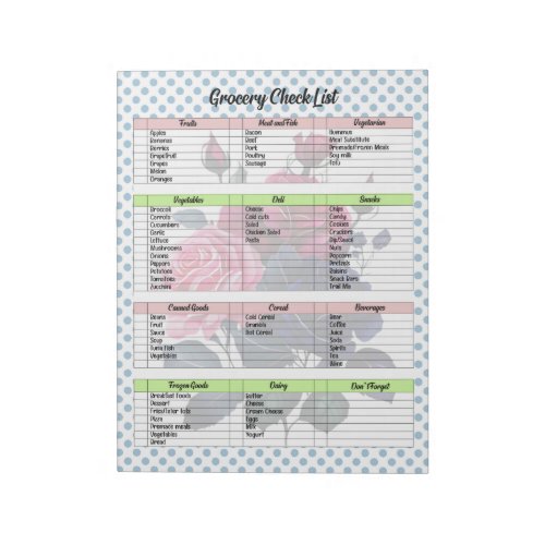 Pink and Blue Roses Grocery List Notepad