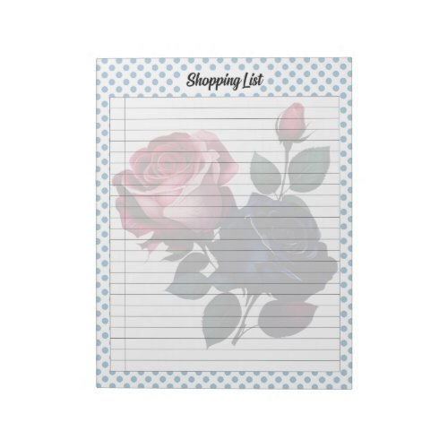 Pink and Blue Roses Grocery List Notepad