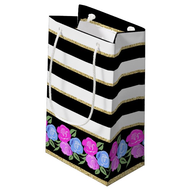 Pink and Blue Roses on Black, White, Gold Gift Bag (Back Angled)