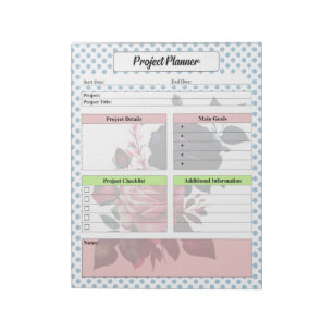Pink and Blue Roses Project Planner Notepad