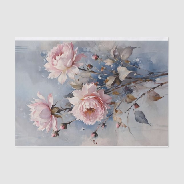 Pink and Blue Roses Watercolor Decoupage Tissue Paper (Front)